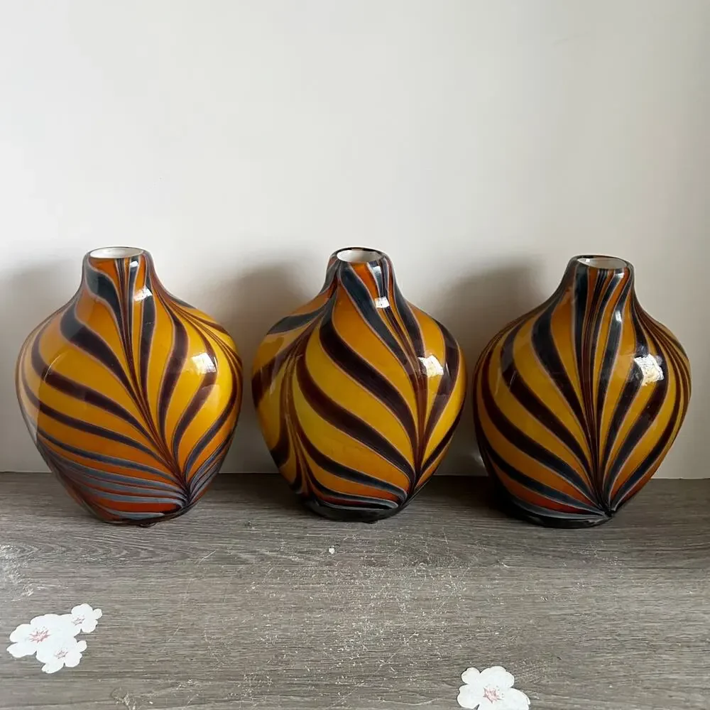 Vintage Murano Style Cased Tiger Strip / Pulled Feather Glass 8” Vase Set of 3